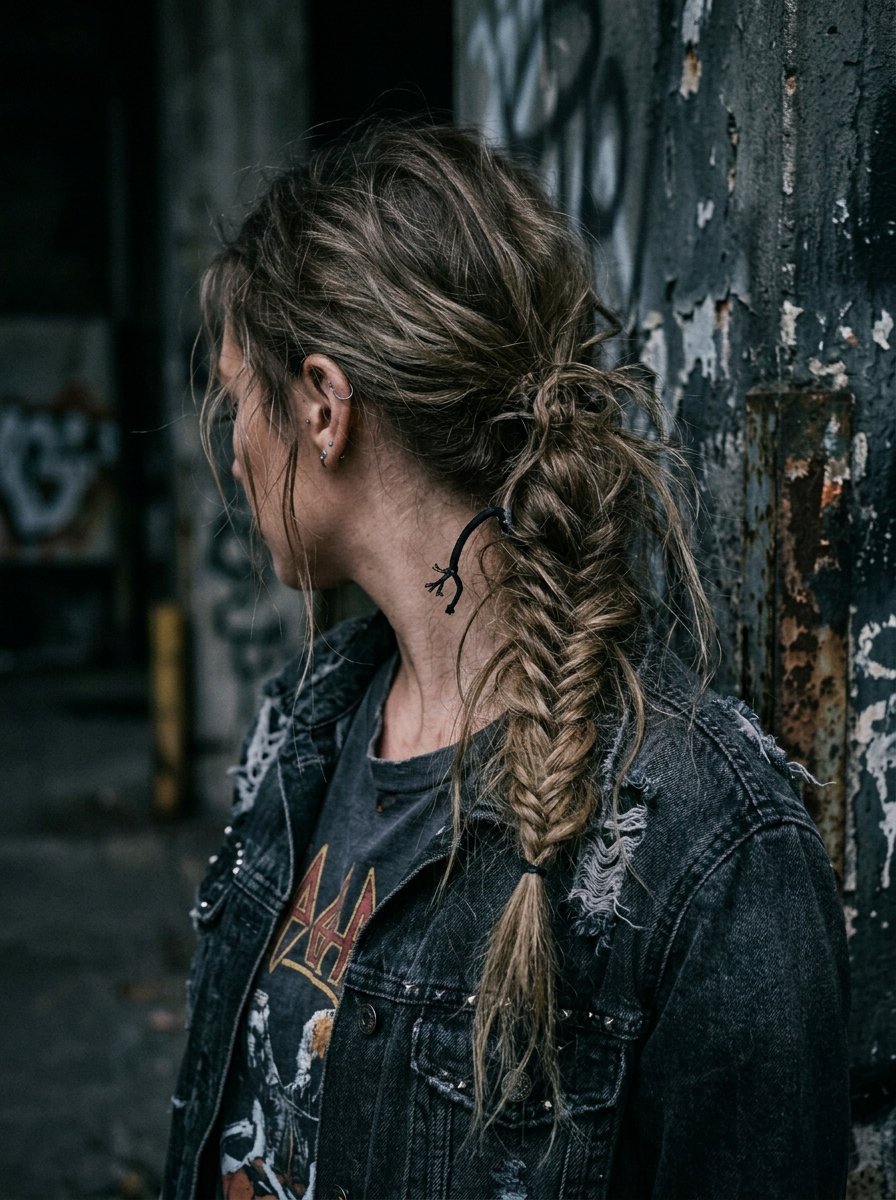 Close-up profile of a woman with a loose fishtail braid wearing a distressed black denim jacket near graffiti walls.