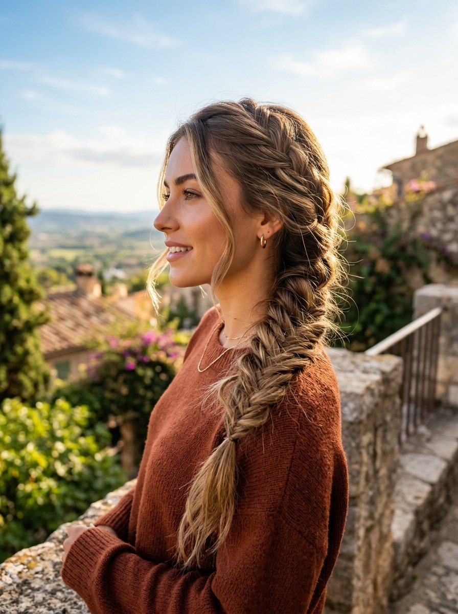 Profile view of a smiling woman with a fishtail braid wearing an orange sweater overlooking a rustic hillside town.
