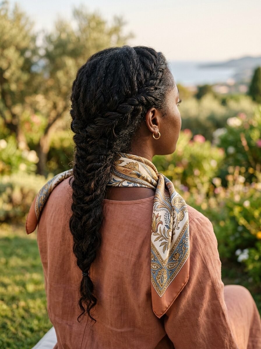 Back view of a woman with braided dark hair wearing a patterned silk scarf and rust colored dress in a garden.