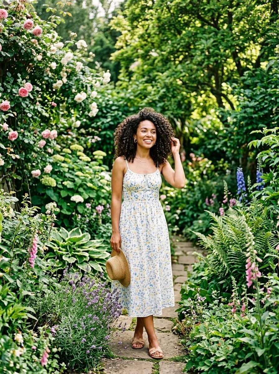 Woman with curly hair wearing a white floral sundress walking on a stone path in a blooming summer garden.