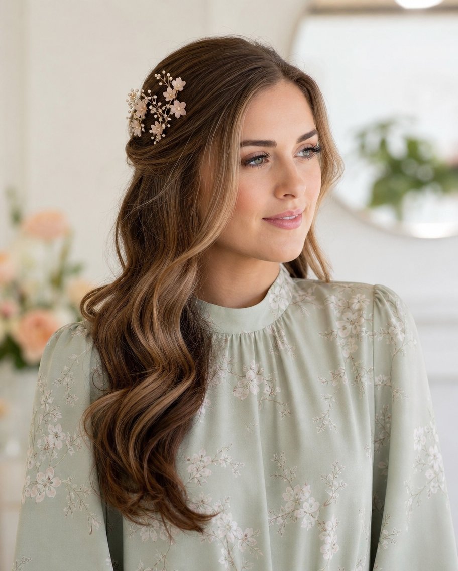 Close-up of a woman with long wavy hair styled with a gold and pink flower clip wearing a matching botanical print top.