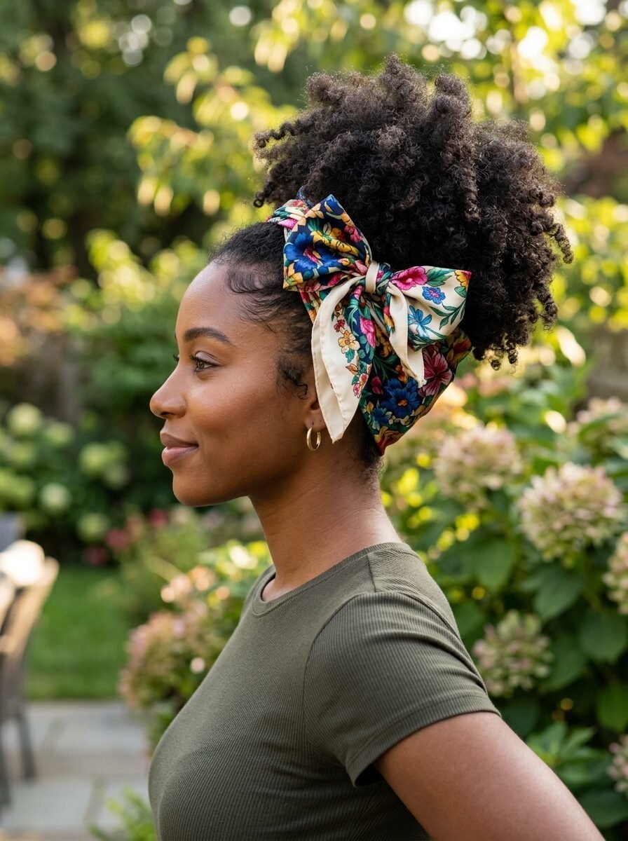 Side profile of a woman with curly hair tied up in a colorful floral scarf outdoors.