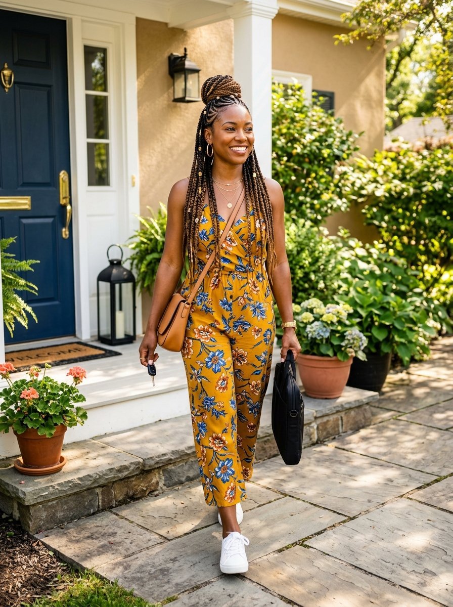 A smiling woman with braids and a yellow floral jumpsuit walks away from her front door holding keys and a bag.