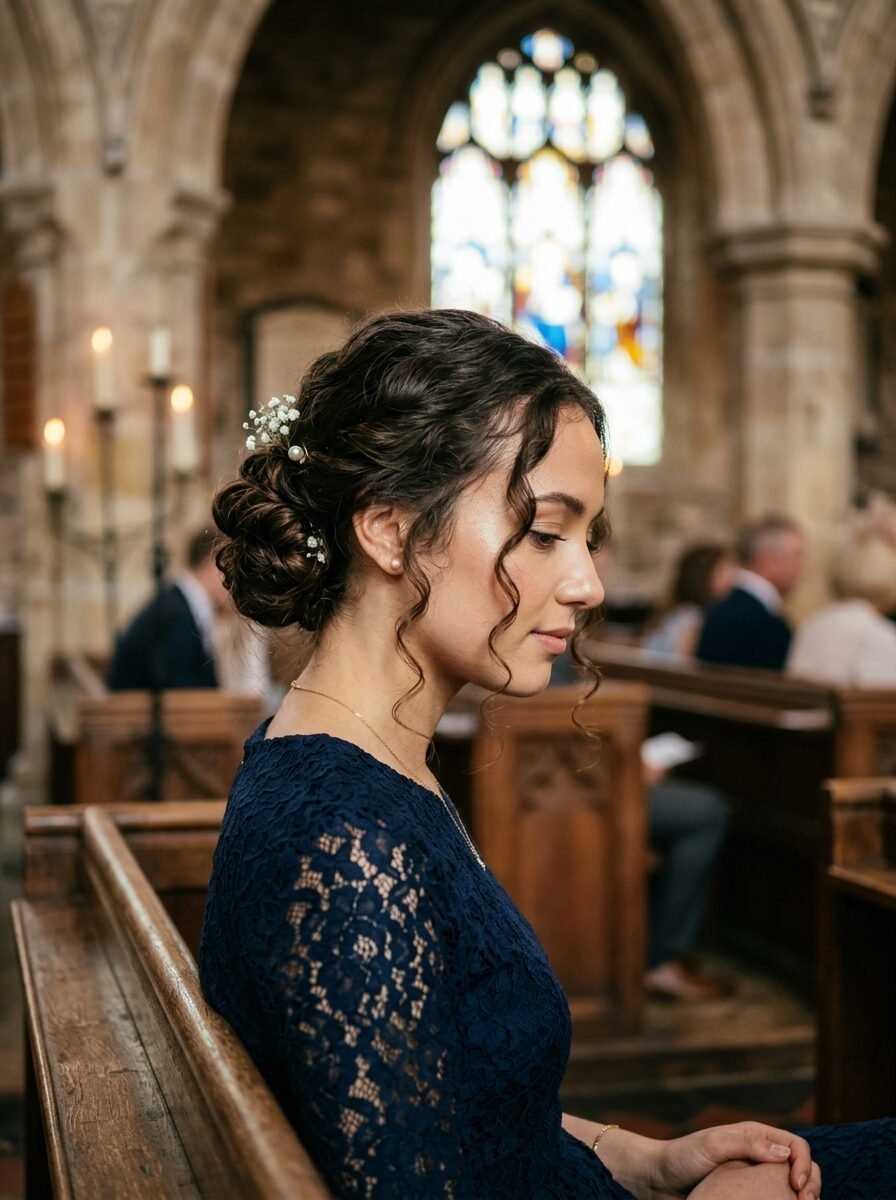 Side profile of a woman with a dark wavy updo adorned with small white flowers, wearing a navy blue lace dress.