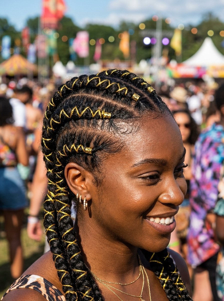 Close-up profile of a woman with braided hair wrapped in gold cord against a blurred outdoor event background.