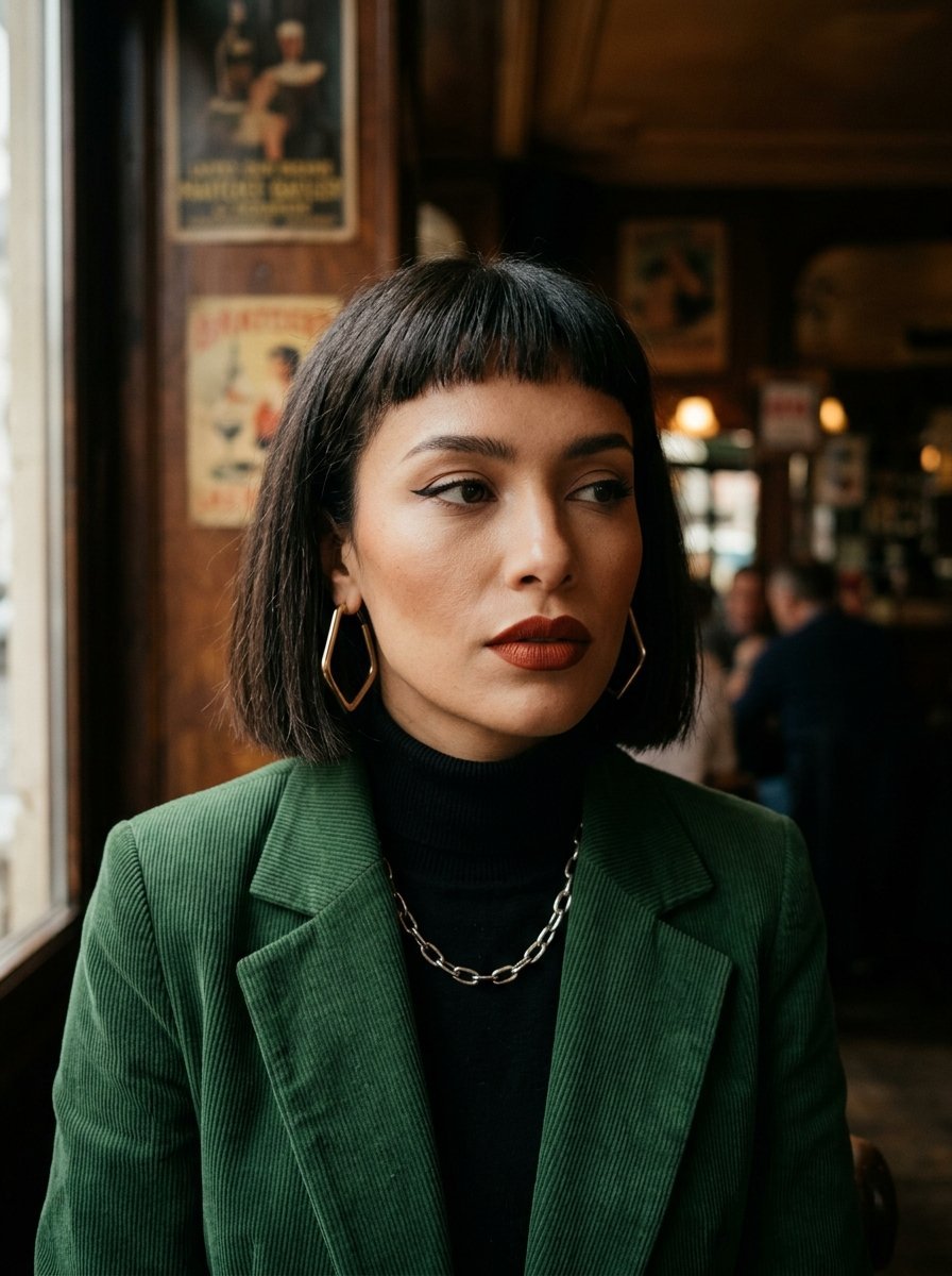 Portrait of a woman with dark blunt bangs and gold geometric earrings in a dimly lit cafe.
