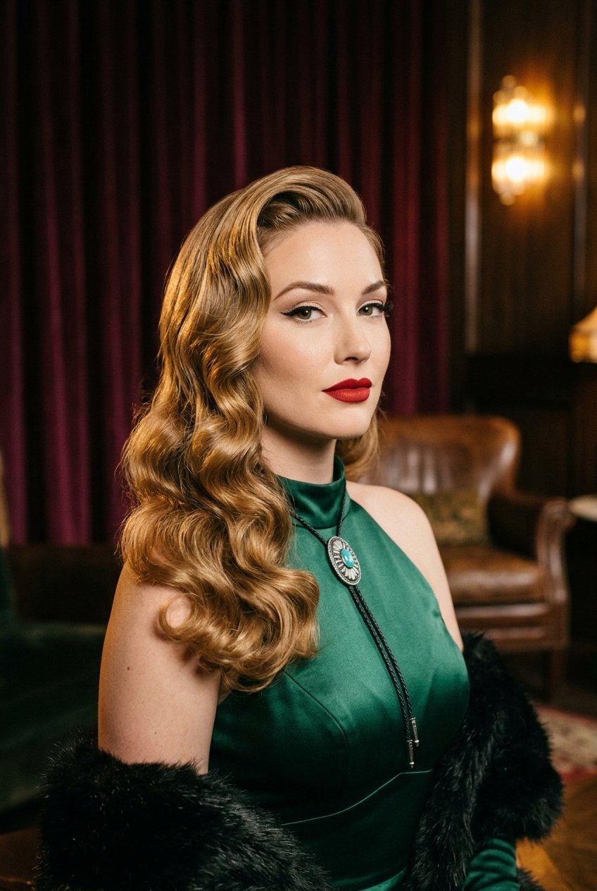 A blonde woman wearing a green satin halter dress, a turquoise bolo tie, and a black fur stole indoors.