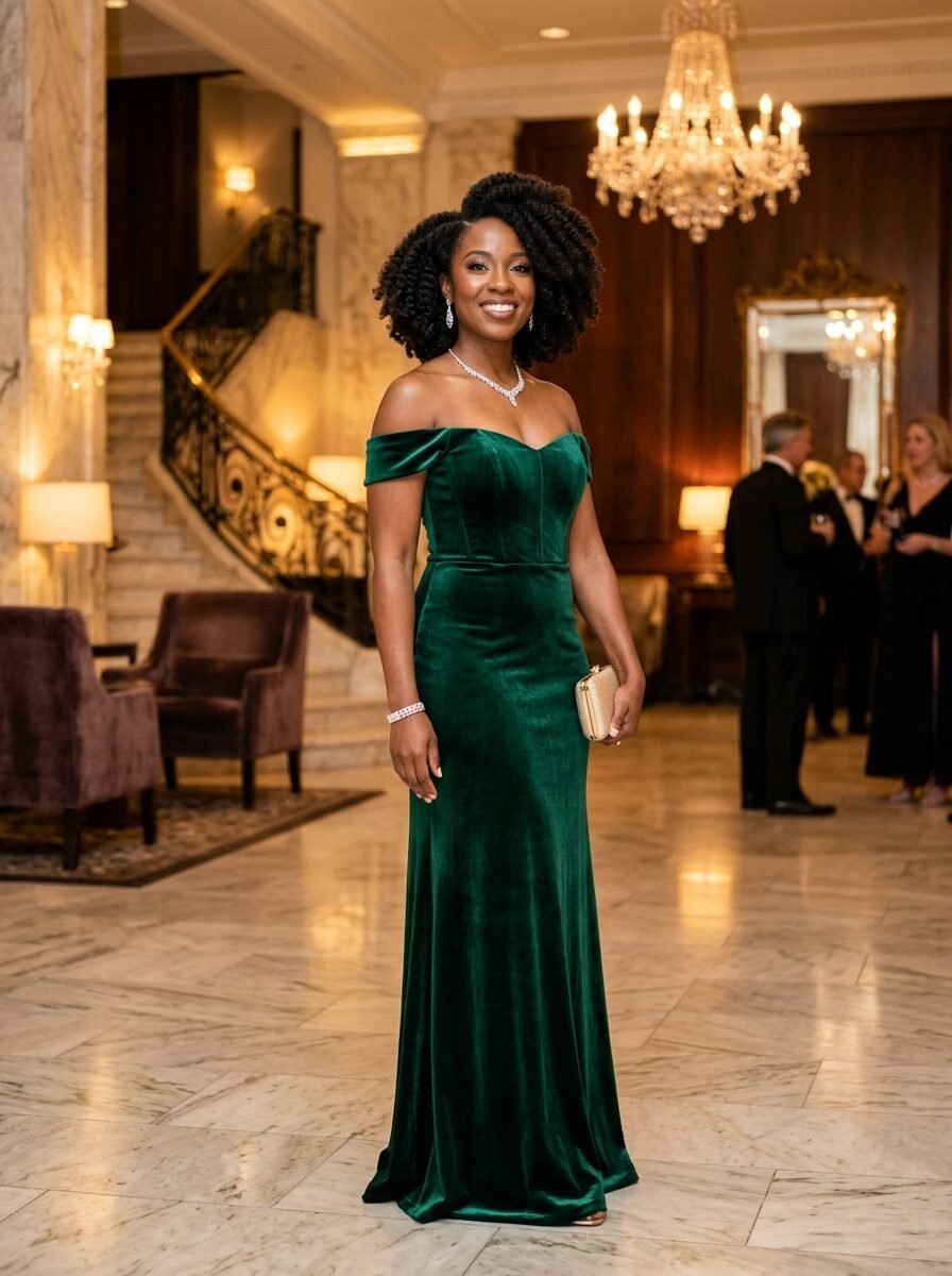 A smiling woman with curly hair wearing a floor-length emerald green velvet dress in a grand hotel lobby.