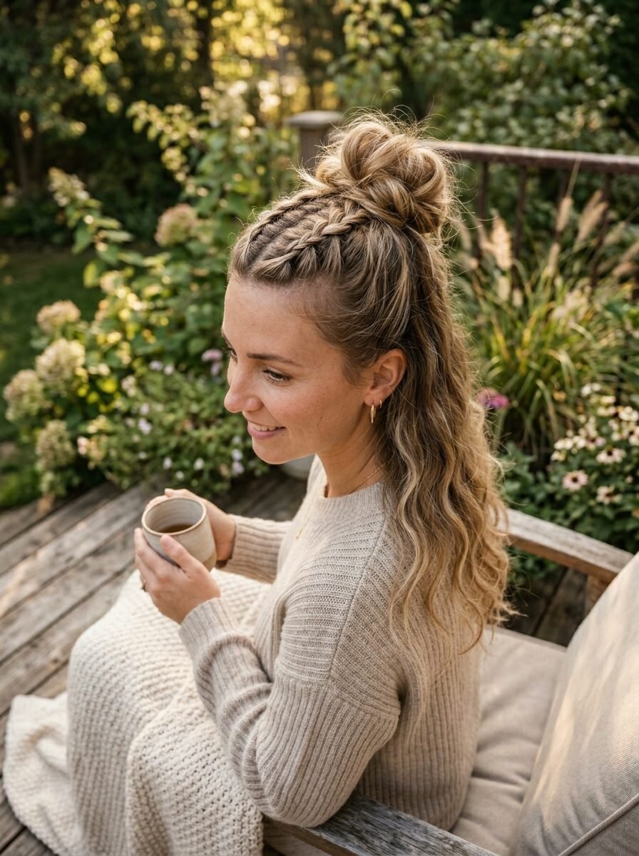 Blonde woman with a half-up braided bun holding a mug while sitting on an outdoor deck.