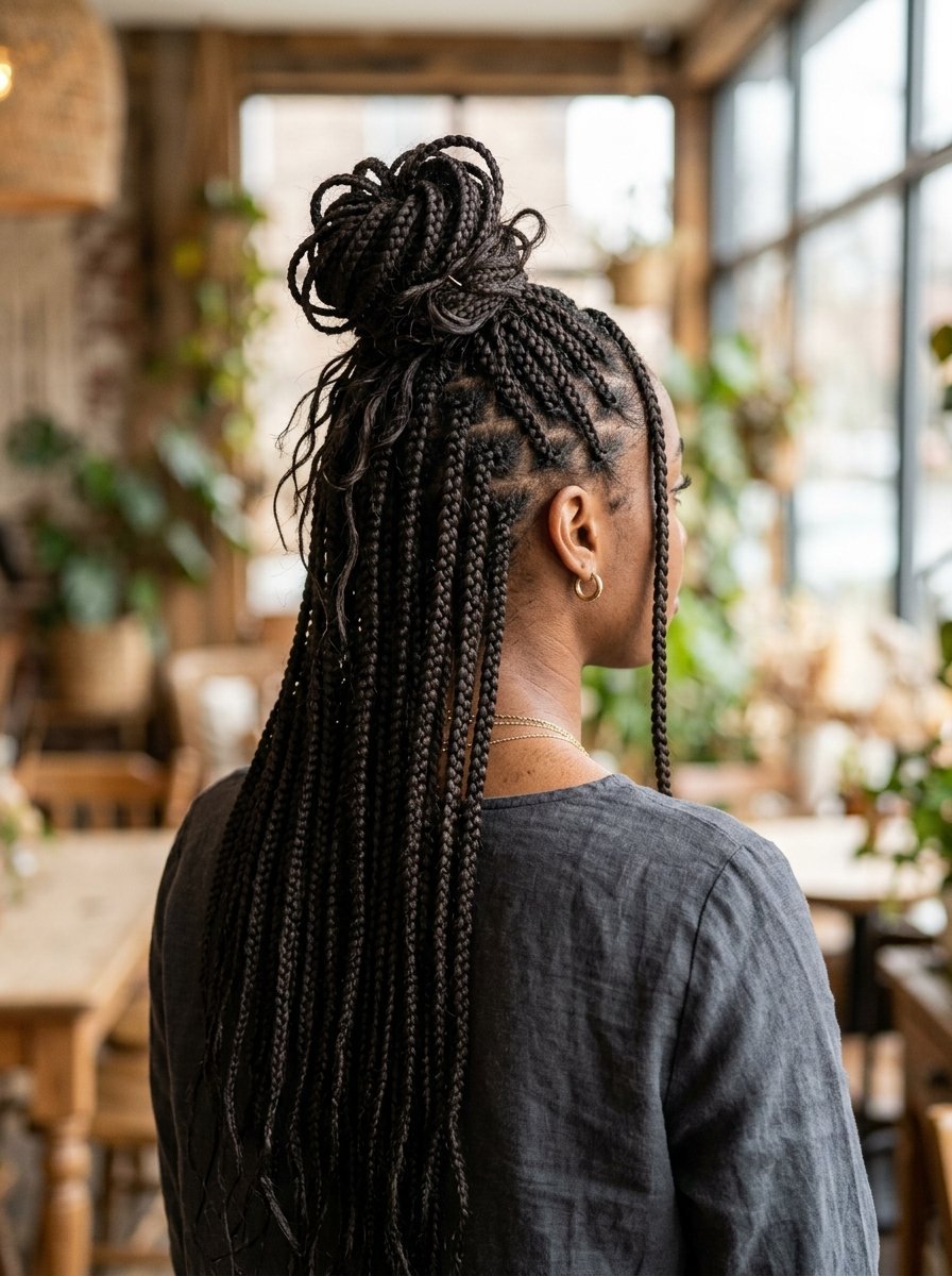 Close up rear view of a Black woman with long box braids styled into a messy high bun and flowing loose strands.