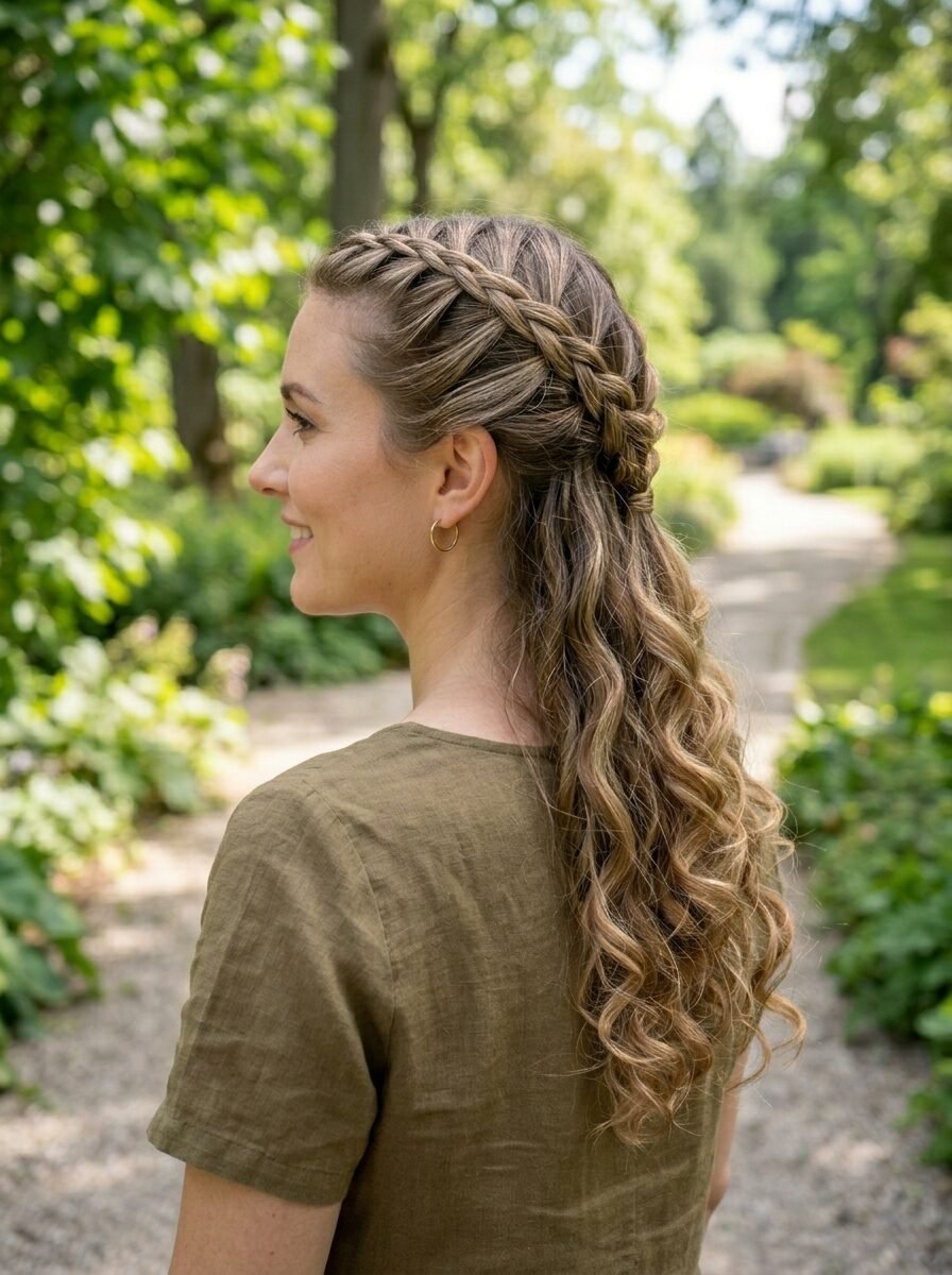 A woman wearing a half-up braided hairstyle with long loose curls standing in a garden setting.