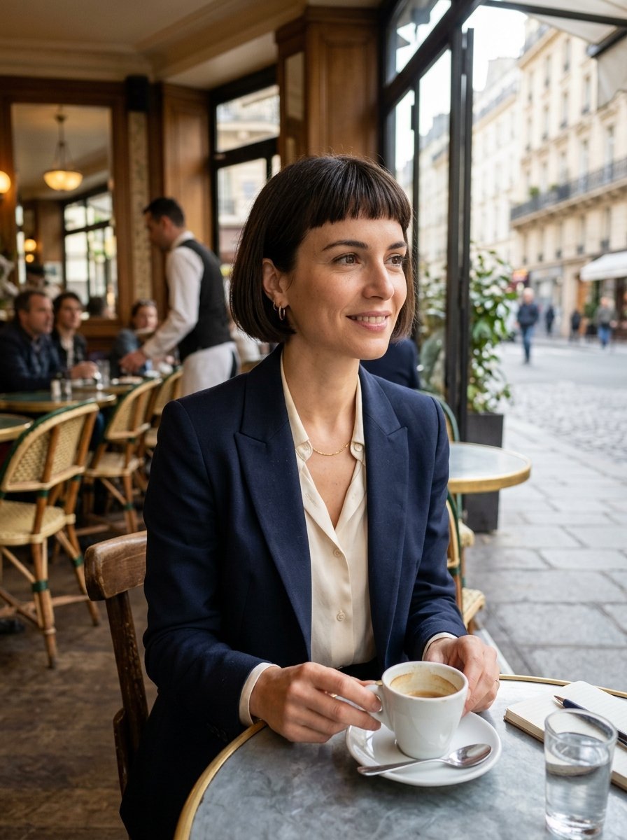 A woman with a dark bob haircut sitting at a bistro table with coffee, overlooking a street in Paris.