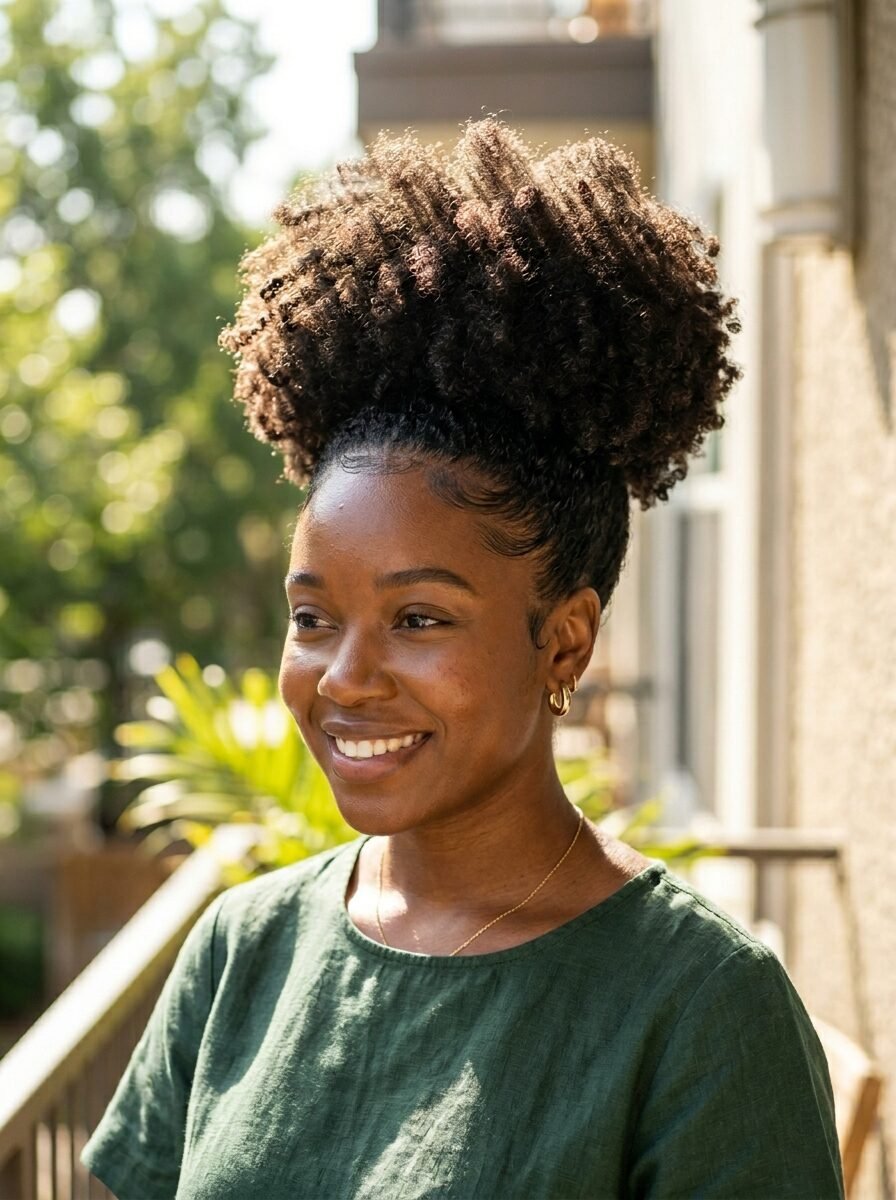 Smiling woman wearing a green shirt with her curly hair styled in a high puff ponytail.