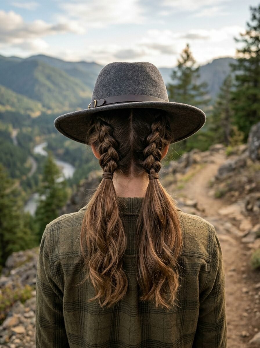 Back view of a hiker with double braids and a grey fedora hat overlooking a mountain valley.