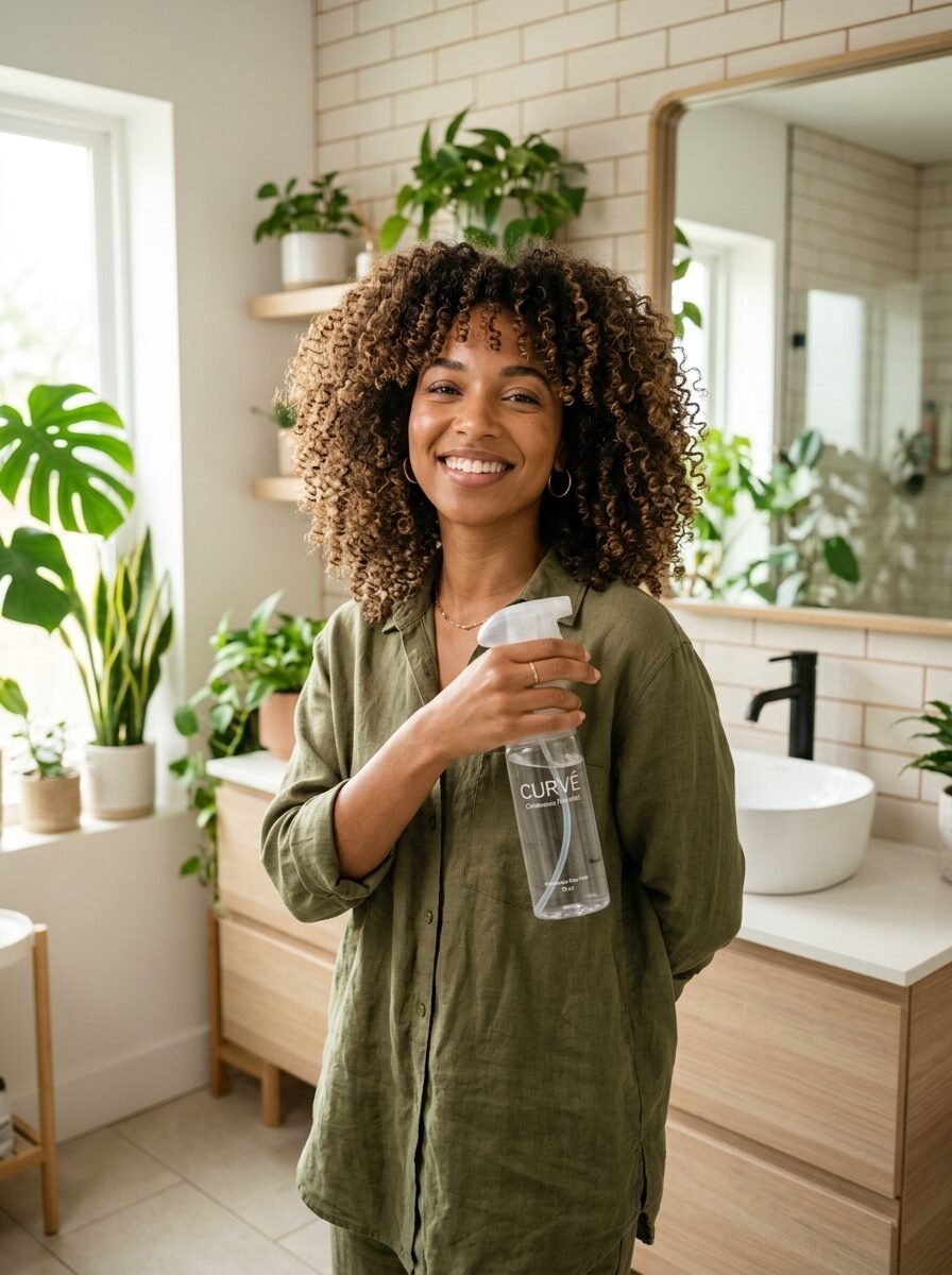 A curly-haired woman wearing an olive shirt stands in a plant-filled bathroom holding a transparent spray bottle.