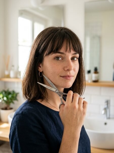 Close-up of a brunette woman holding silver professional hair scissors near her face in a light-filled room.