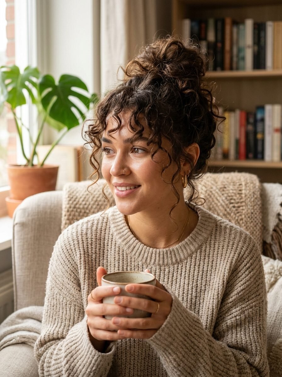 A curly-haired woman in a beige sweater holds a ceramic mug while sitting in a bright, sunlit room.