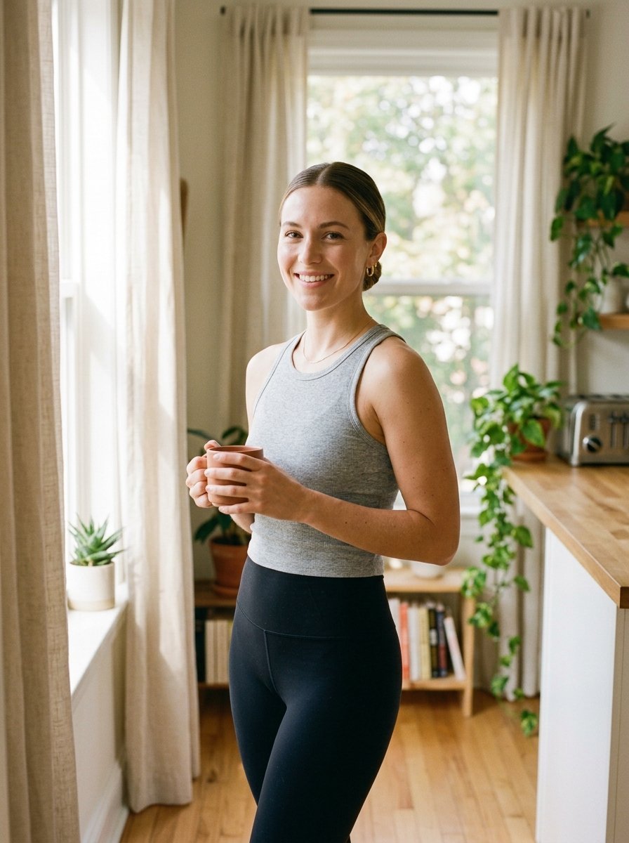 A young woman wearing a grey tank top and black leggings holds a ceramic mug by a sunlit kitchen window.