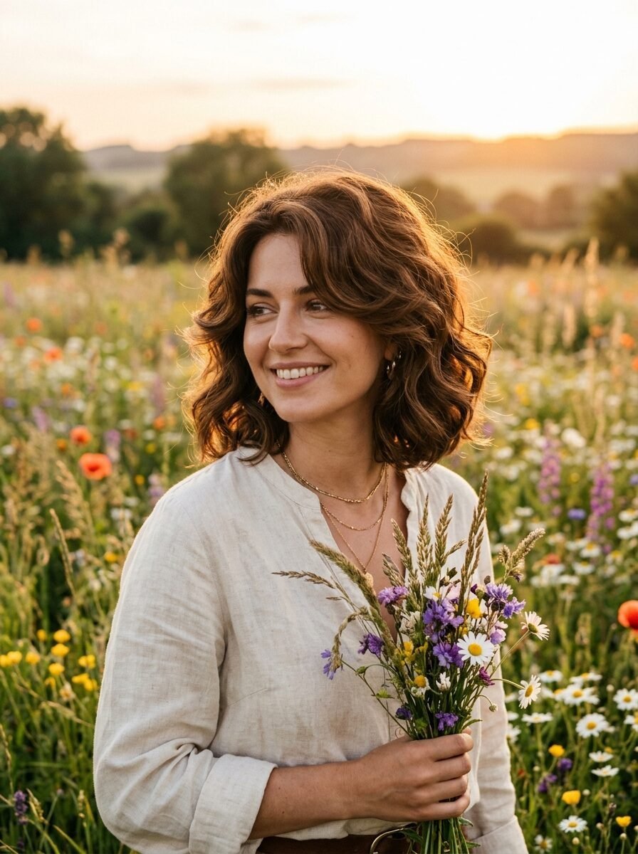 Happy woman with brown wavy hair standing in a sunlit meadow holding a bunch of freshly picked wildflowers.