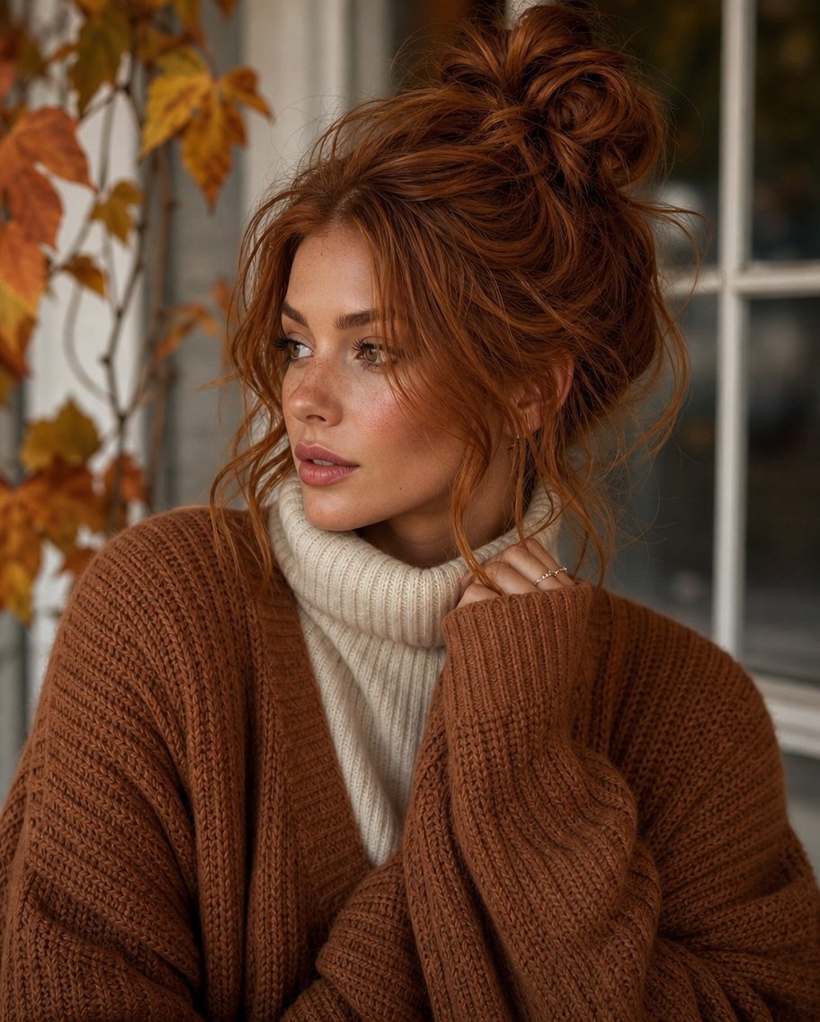 Close-up portrait of a redheaded woman with a messy bun, wearing a cream turtleneck under a brown knitted cardigan.