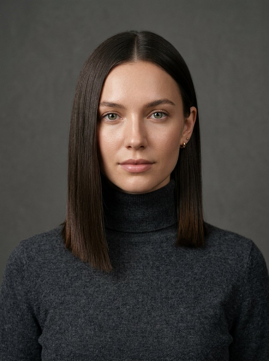 Portrait of a woman with straight shoulder-length hair and green eyes posing in a charcoal grey turtleneck top.