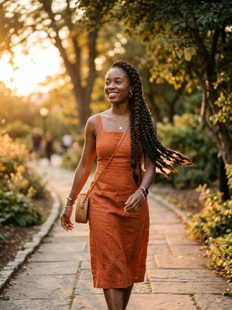 A smiling Black woman with long braids wears a rust-colored linen dress and straw bag in a park at sunset.