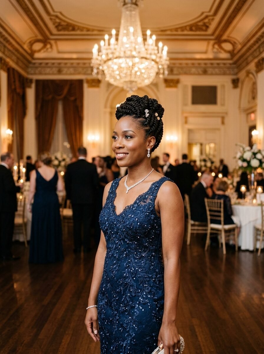 A woman with an intricate braided hairstyle wearing a dark blue sequined formal gown at an indoor banquet.