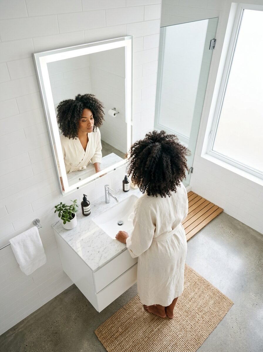 A woman wearing a beige robe looking into a backlit bathroom mirror over a white sink.