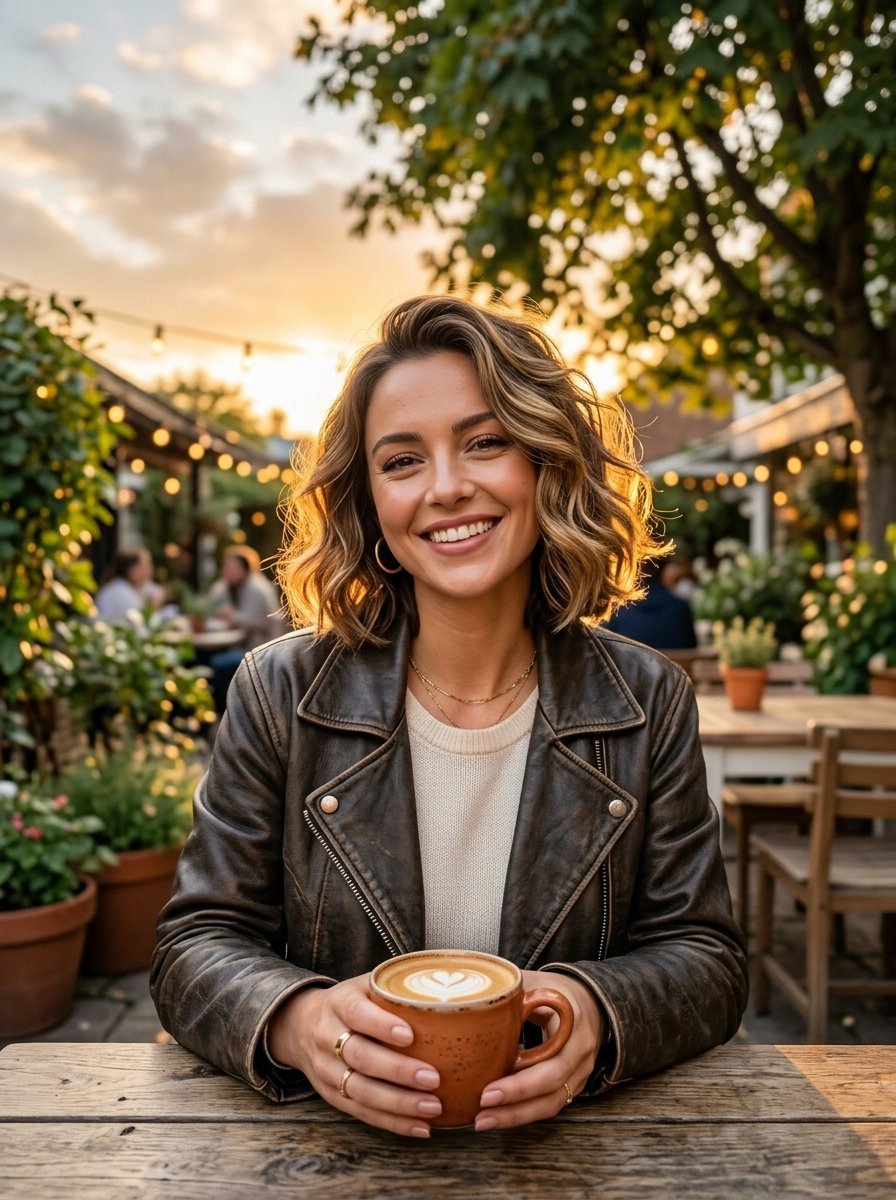 A woman with wavy hair in a leather jacket holding a coffee mug with heart latte art at an outdoor sunset bistro.