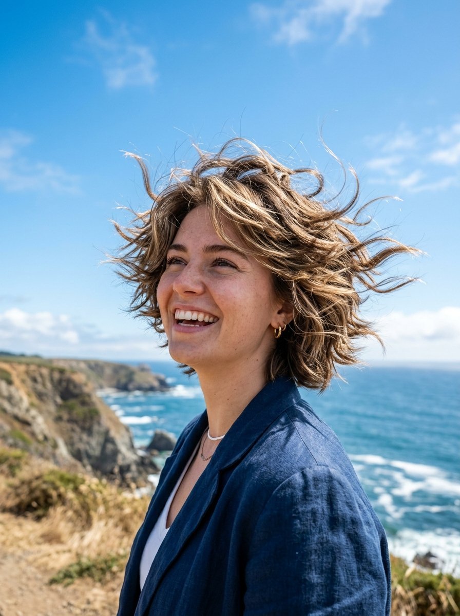 Portrait of a smiling woman in a blue jacket outdoors with wind blowing through her hair at a cliffside.