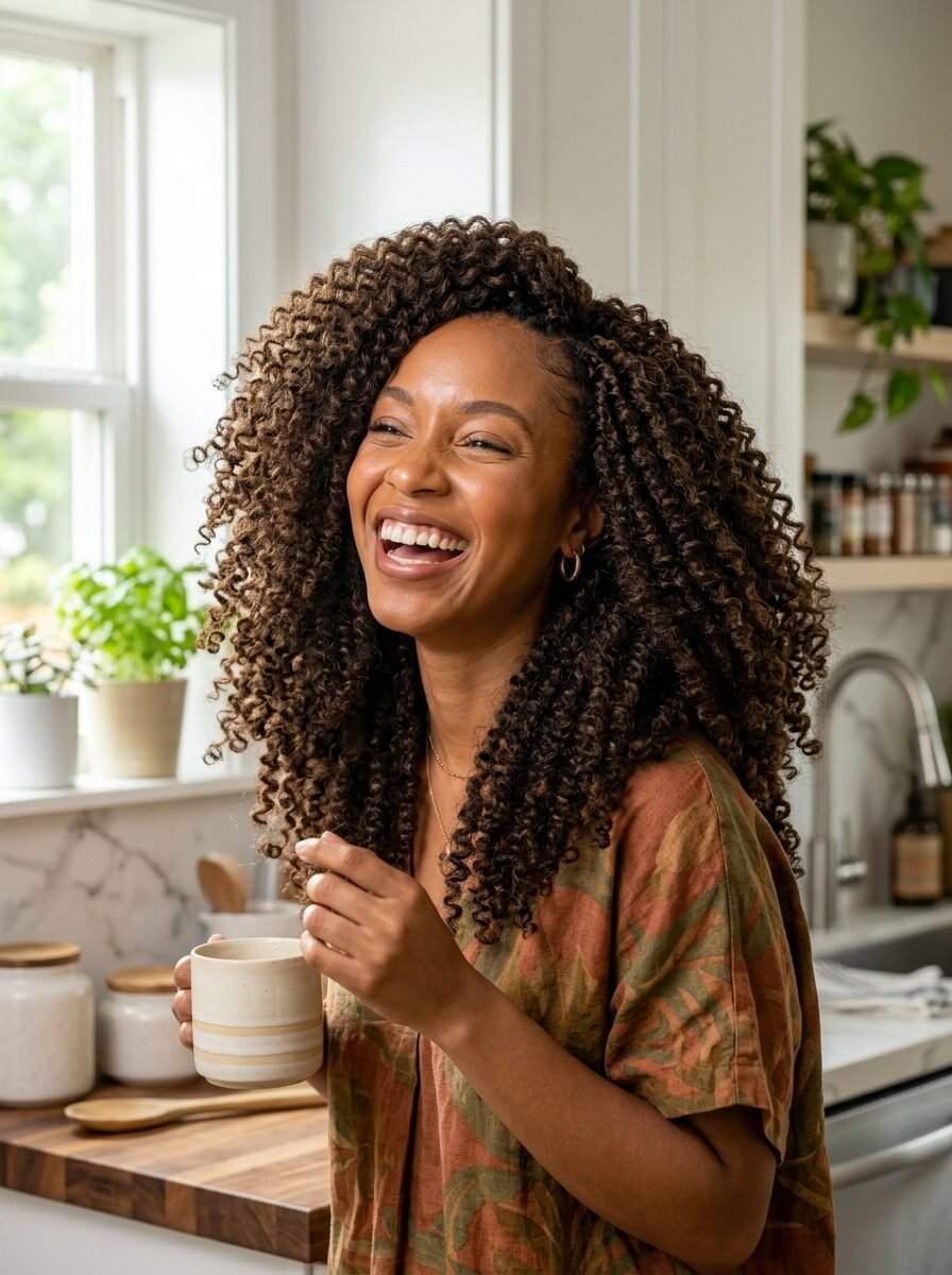A smiling woman with voluminous dark curly hair holding a neutral-toned coffee cup in a bright home kitchen.