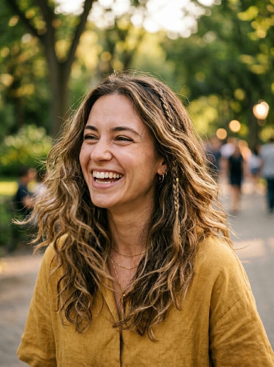 Portrait of a smiling woman with highlighted wavy hair and braids wearing a mustard yellow top outdoors.