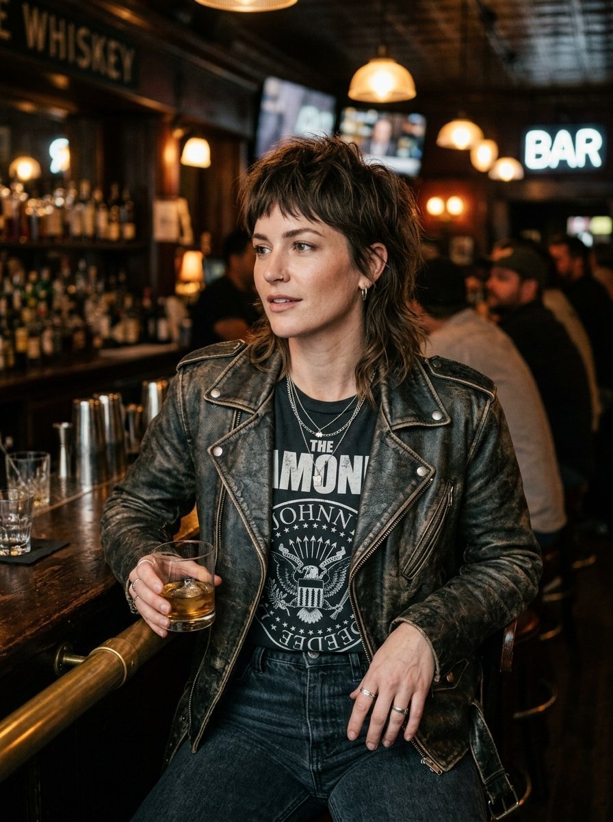Woman with a mullet hairstyle wearing a leather jacket and band t-shirt, sitting at a dimly lit bar with a drink.