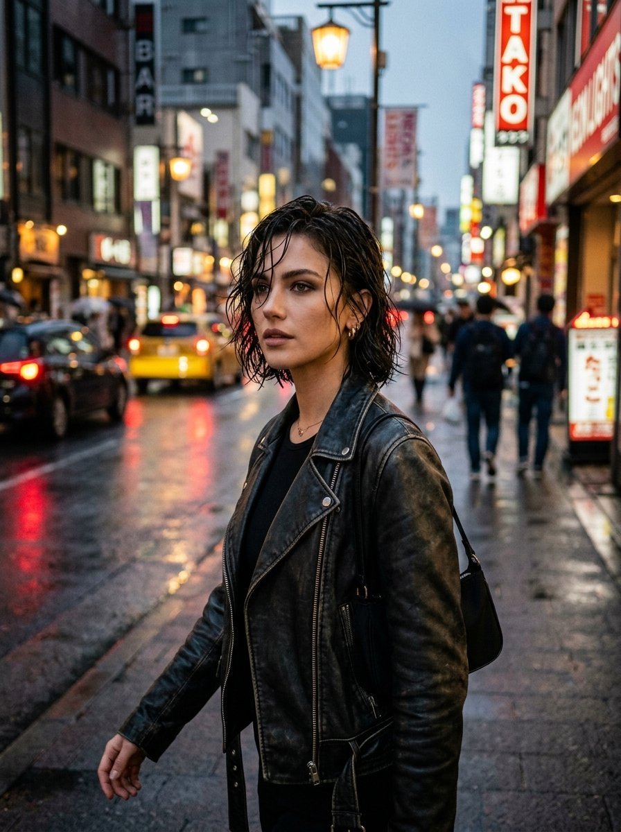 Portrait of a young woman with wet hair wearing a black leather jacket on a busy, glowing urban street at twilight.