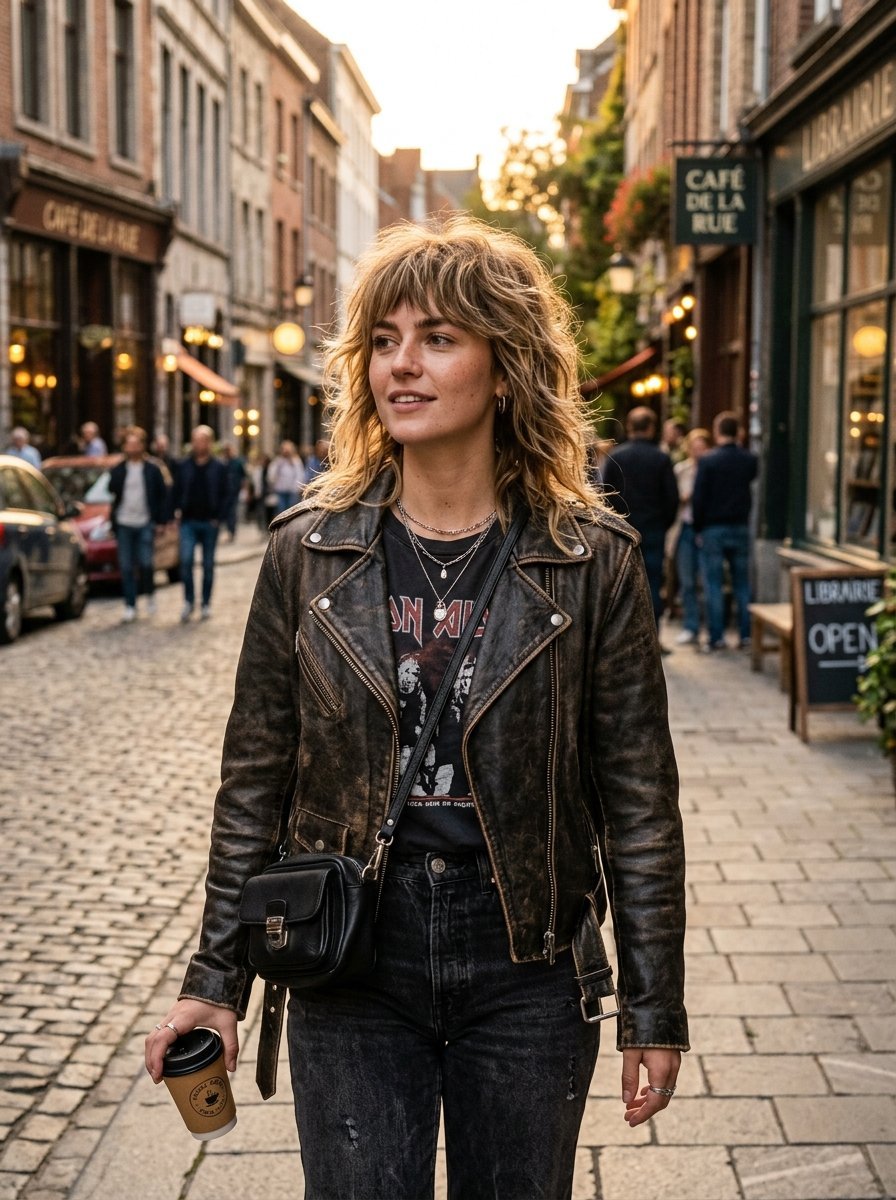 A smiling woman in a distressed brown leather jacket and black jeans holding a coffee on a scenic city street.