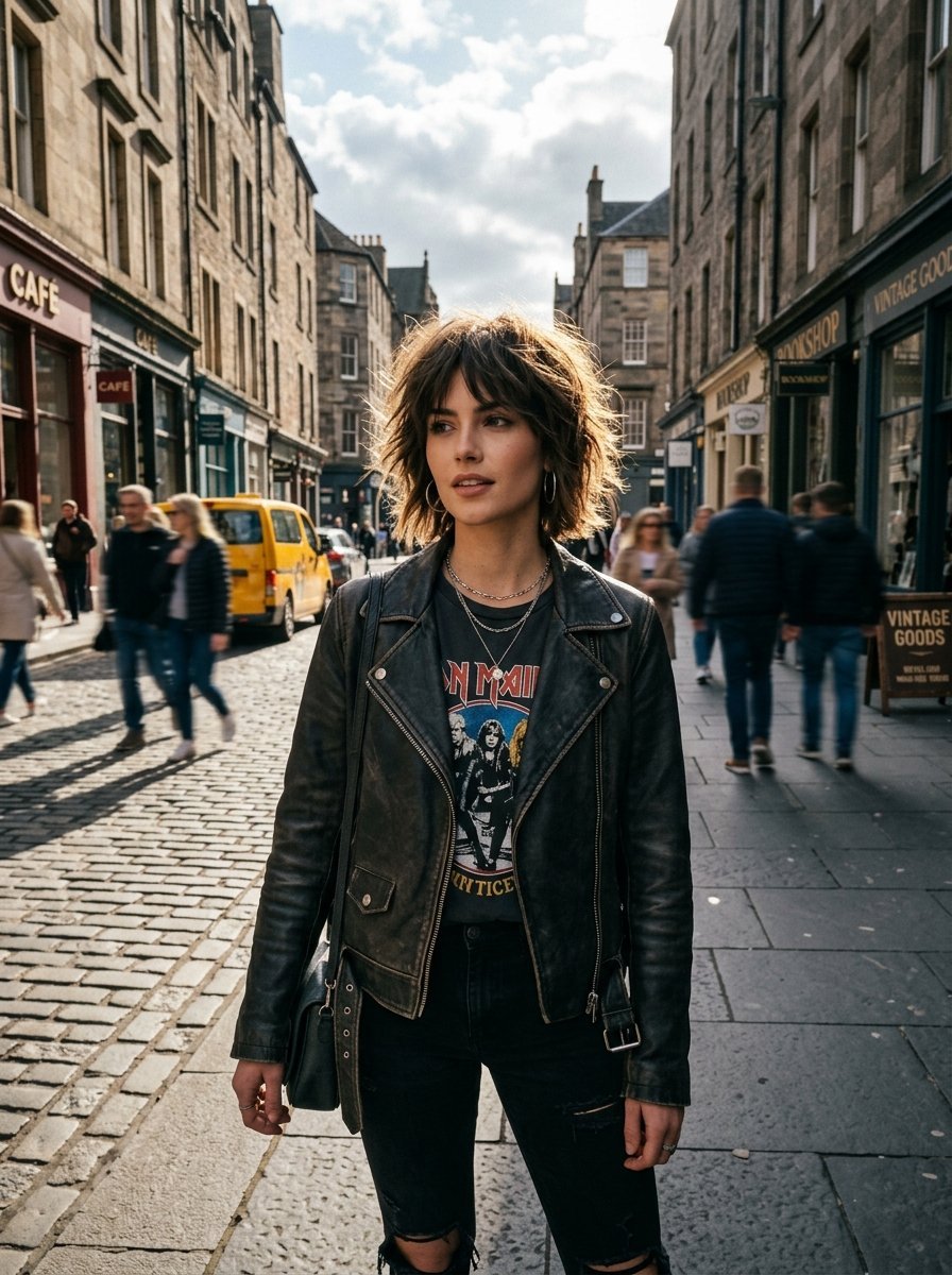 A woman with short messy hair and a band t-shirt stands on a stone-paved street with vintage buildings.