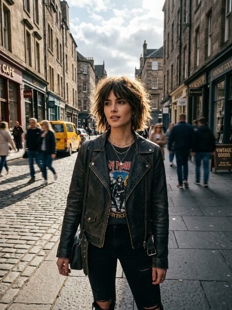 Portrait of a woman with a shag haircut and leather jacket walking down a busy, historic cobblestone city street.