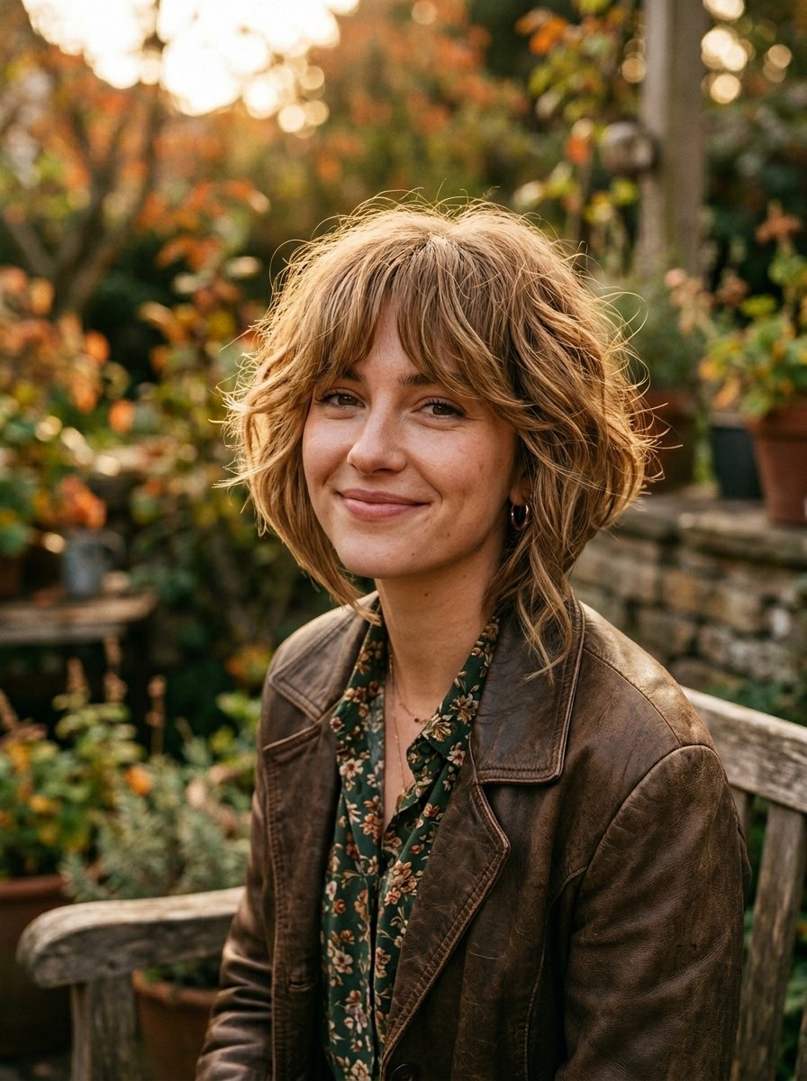 Portrait of a woman with layered blonde hair and bangs sitting on a wooden bench in a garden during golden hour.