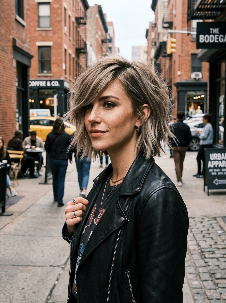 Close-up portrait of a woman wearing a black leather jacket on a busy city street in New York.