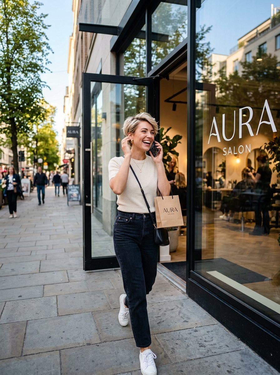 Short-haired woman in a cream top and dark jeans talking on her phone while leaving an Aura salon location.