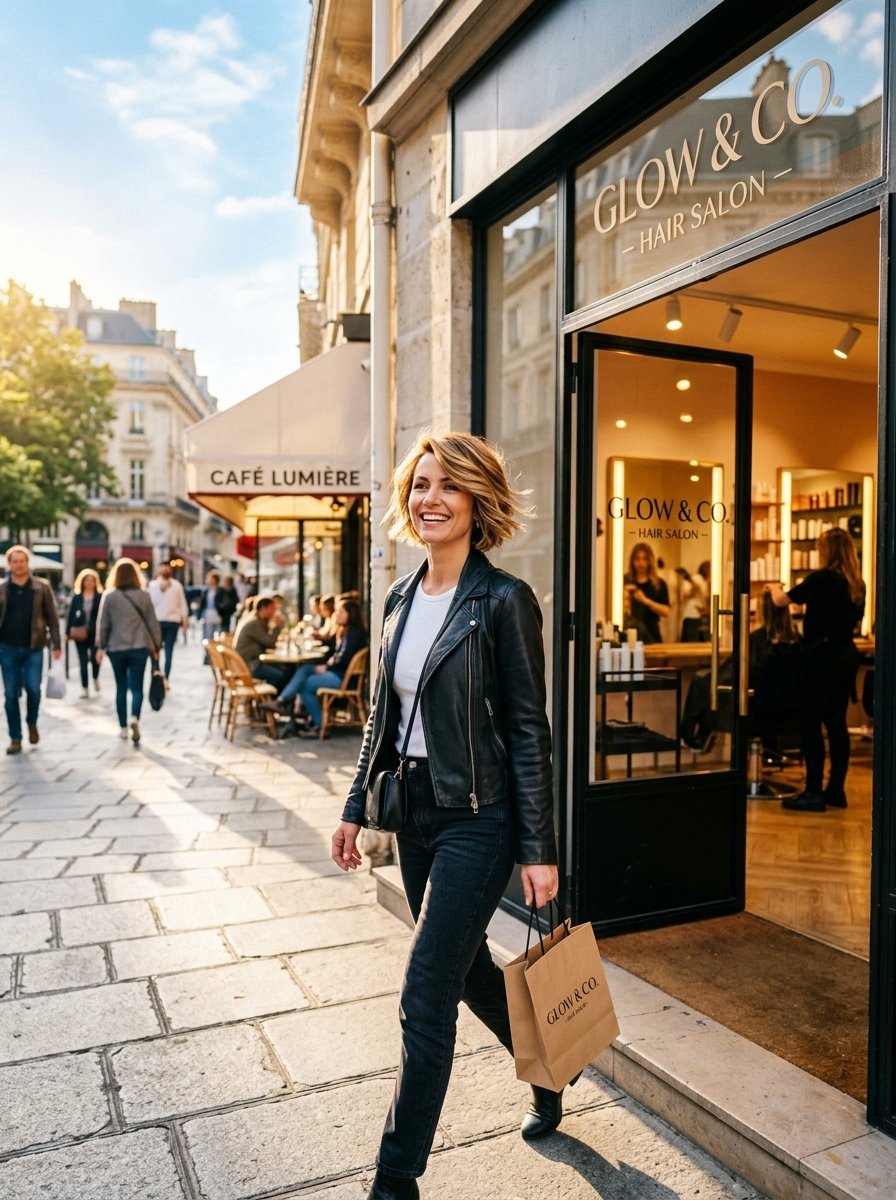 A smiling blonde woman walks on a Parisian sidewalk holding a branded paper bag after visiting a hair salon.