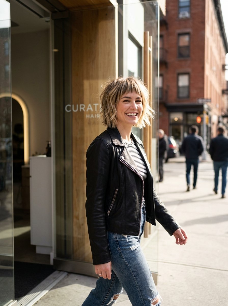 A stylish woman with short blonde hair smiling while exiting a hair salon onto a city sidewalk.