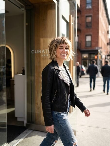 A smiling blonde woman with a short shaggy haircut wearing a black leather jacket walks on a city sidewalk.