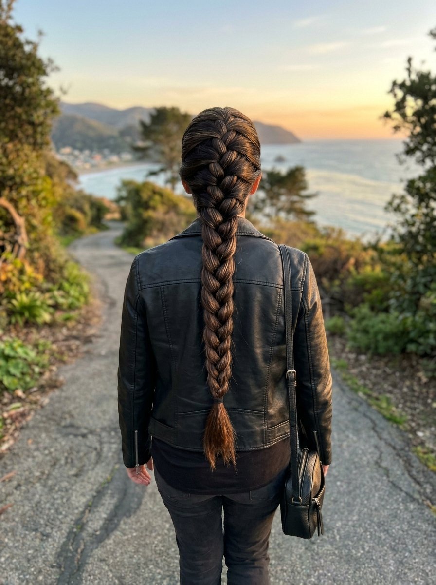 Back view of a person with a long French braid wearing a black leather jacket on a scenic path near the sea.