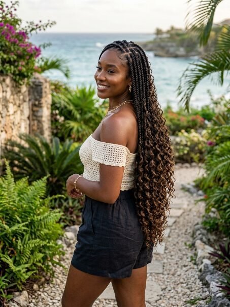 A woman with very long curly box braids wearing a cream crochet top in a lush, sunny Caribbean landscape.