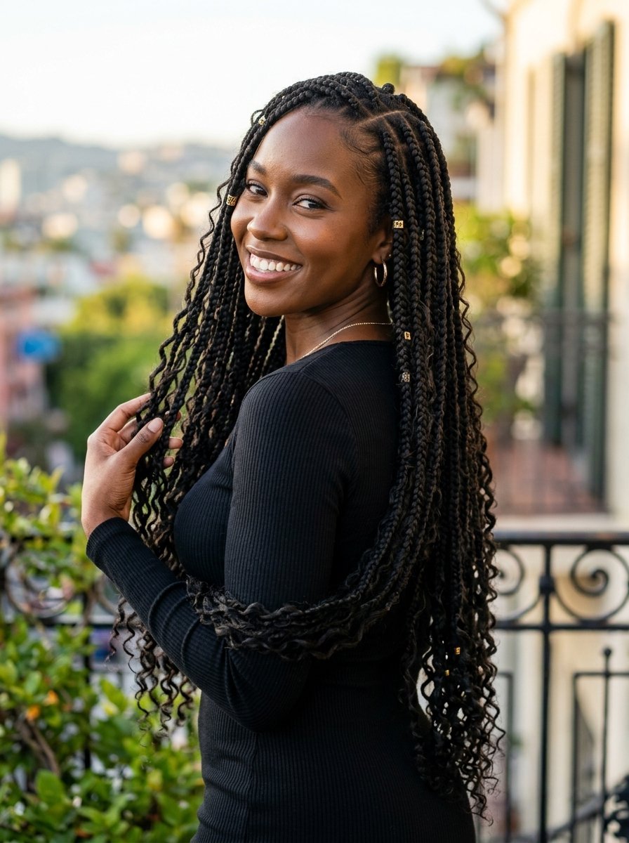 A smiling young Black woman with long, textured braided hair wearing a black ribbed top on an outdoor balcony.