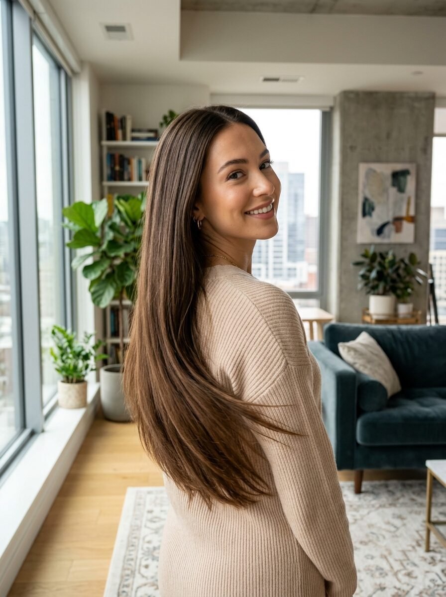 Smiling woman in a beige sweater posing in a sunny modern high-rise apartment.