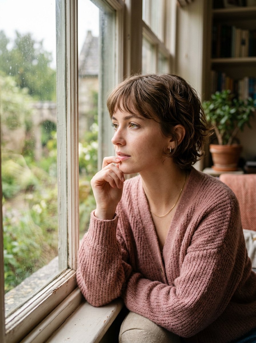 A young woman with short wavy brown hair rests her chin on her hand while looking out a garden window.