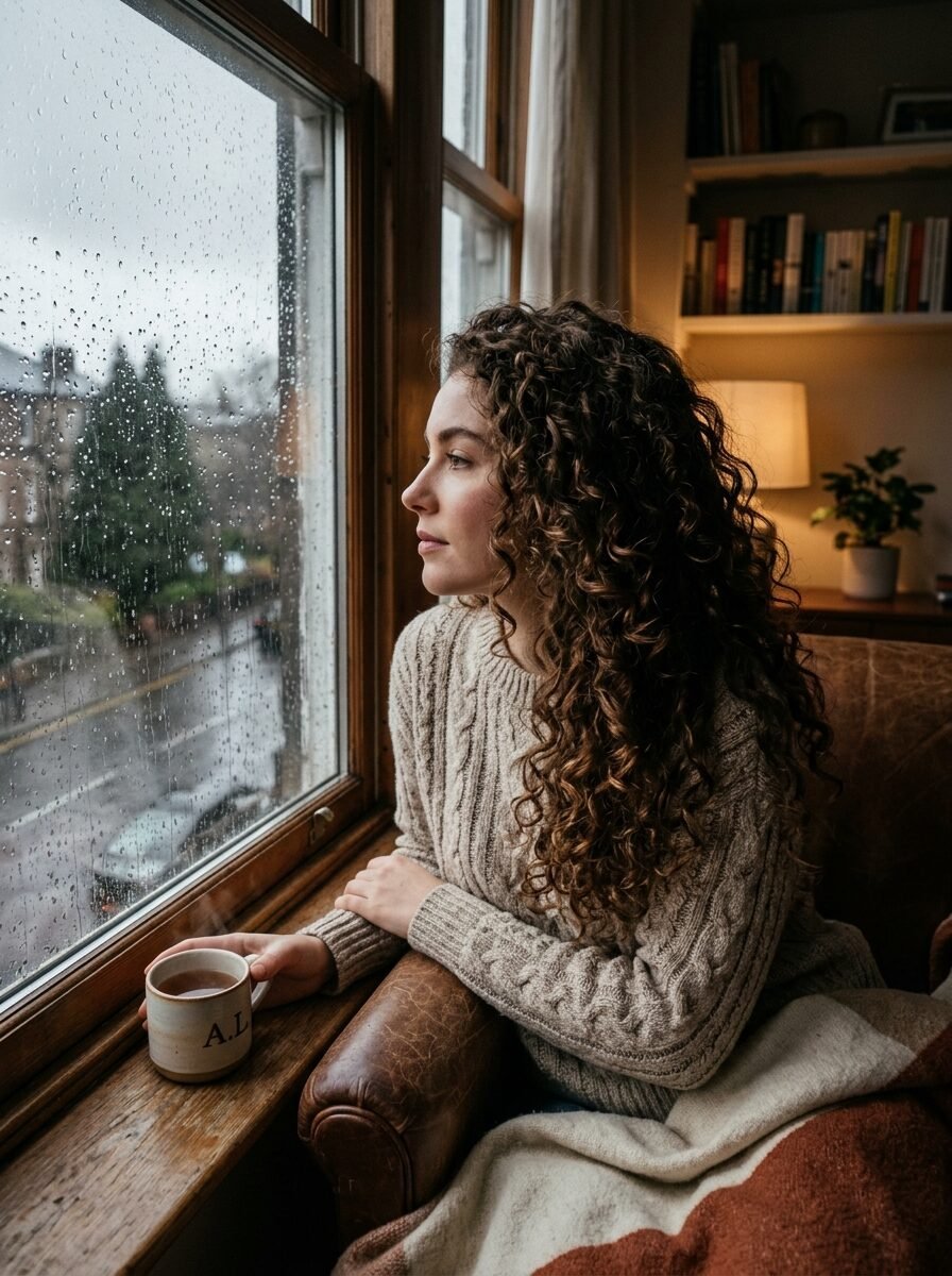A woman with long curly hair wrapped in a blanket looking out a window at rain while holding a steaming mug.