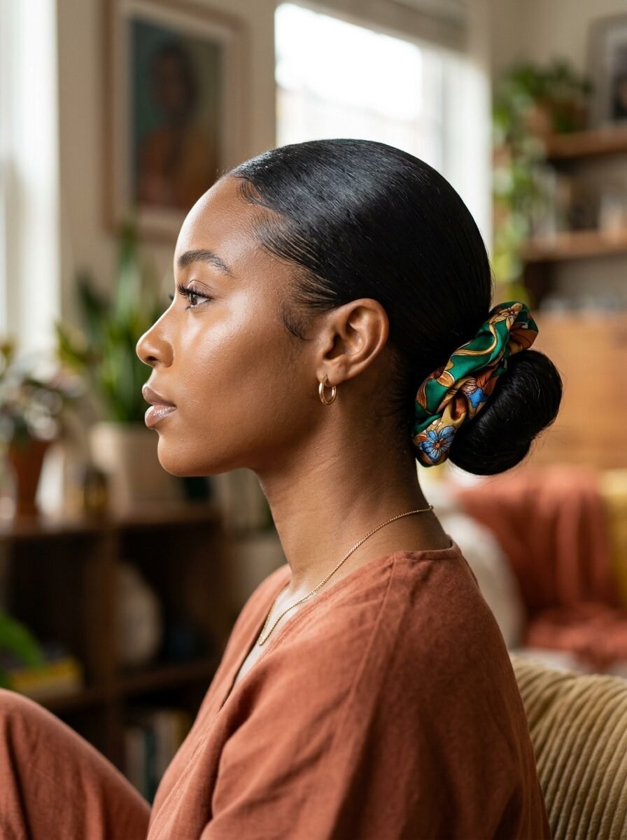 Side profile of a Black woman wearing a smooth hairstyle with a colorful green floral patterned scrunchie.